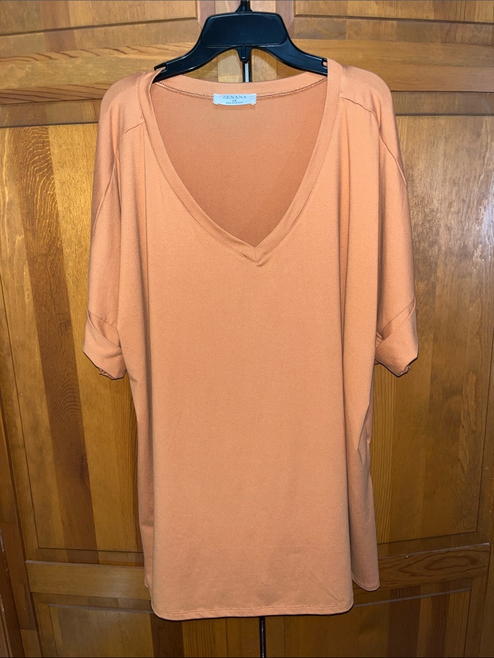 Zenana V-Neck Short Sleeve Tunic in Peach Size 1X